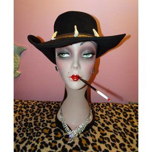 Vintage Black Leather Dundee Hat faux crocodile teeth Cowboy Hat pinup retro